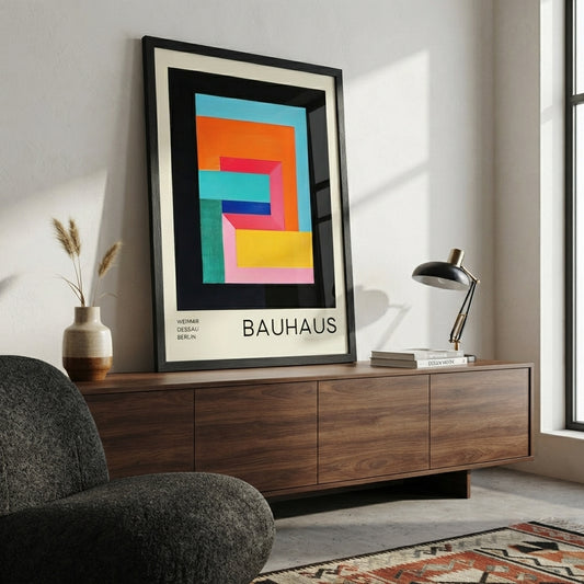 Modern living room with a Minimalist Bauhaus style wall art with geometric primary color composition. by PrintHaus