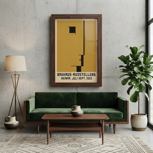 A framed Minimalist Geometric Bauhaus Exhibition Art Print – Retro Geometric Bauhaus 1923 Poster | PrintHaus, with a mustard yellow background and black geometric lines hangs on a textured gray wall above a green velvet sofa in a modern living room setting.