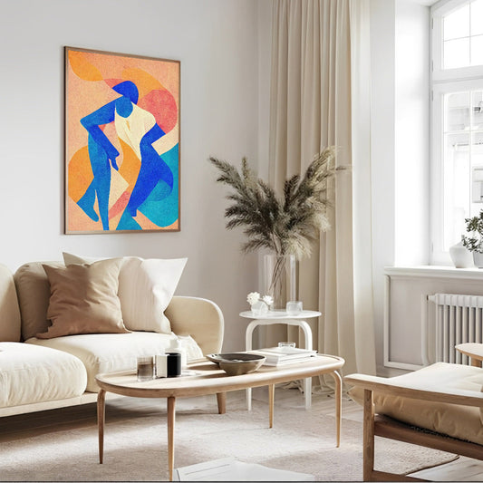 Modern living room with a colorful abstract painting on the wall, beige sofa, and wooden coffee table.