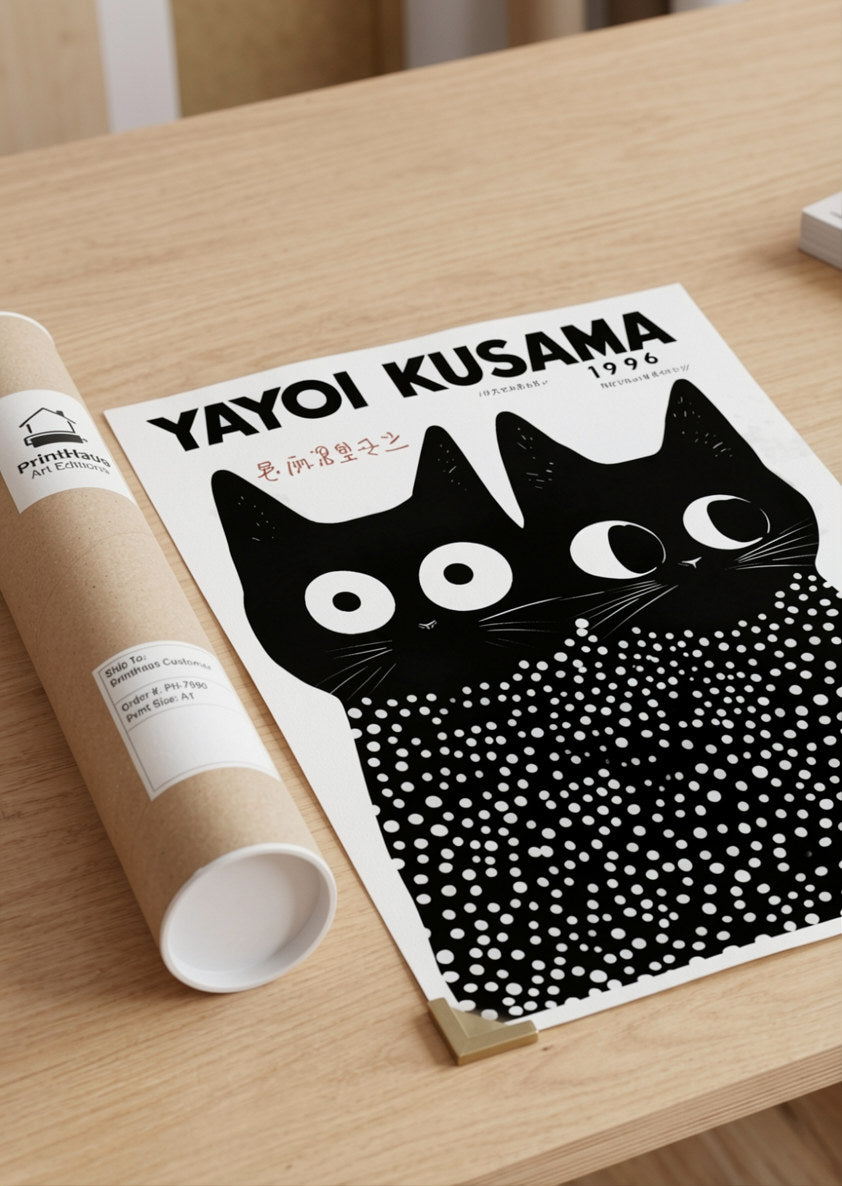 Yayoi Kusama Cat Print Poster (1996) featuring iconic polka dot art design, colorful contemporary wall decor for modern homes and art collectors by PrintHaus.