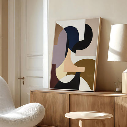 Abstract art piece on a wooden shelf in a room with a chair and lamp.