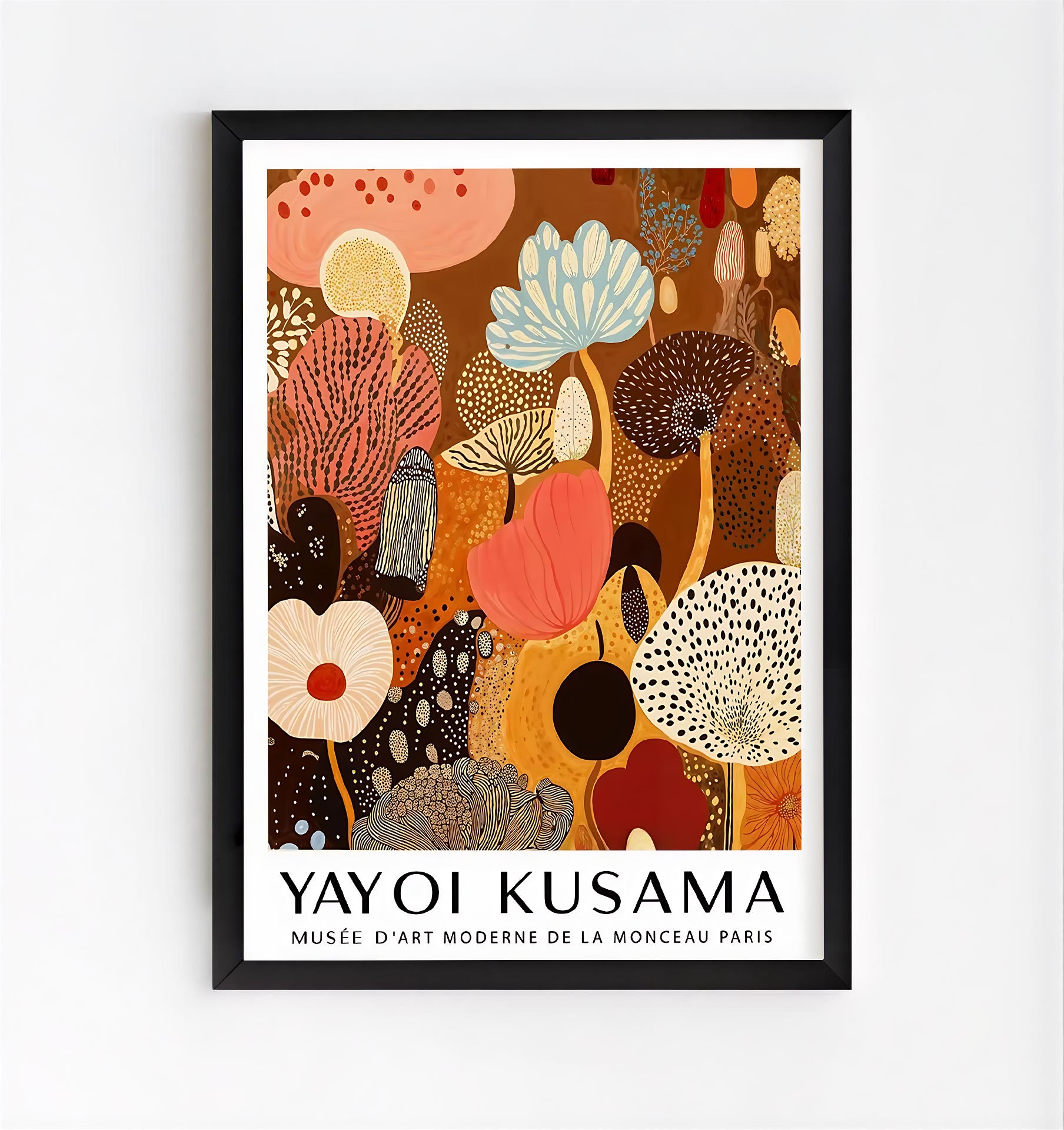 Framed artwork by Yayoi Kusama with abstract floral design on a white background