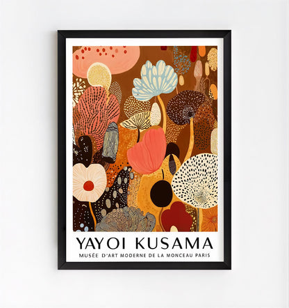 Framed artwork by Yayoi Kusama with abstract floral design on a white background