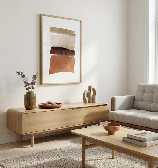 A styled living room scene featuring a light wood sideboard console, a matching coffee table, a light gray tufted sofa, and a large framed abstract art print on the wall.