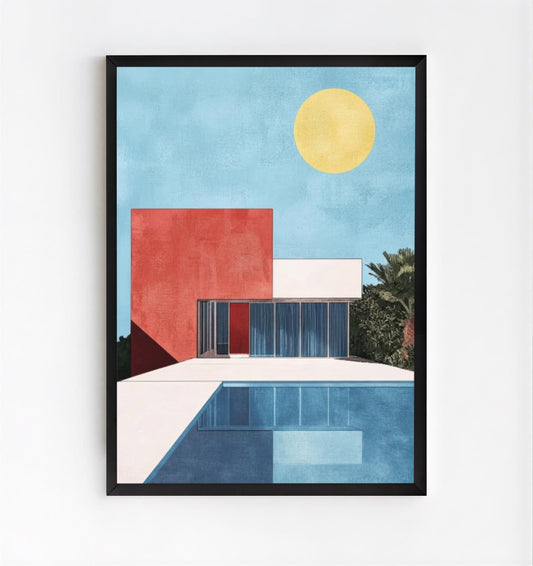 Bauhaus style swimming pool architectural print with mid-century modern house