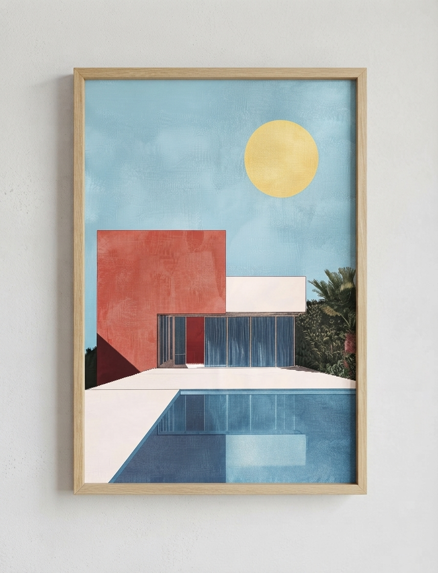 A framed Bauhaus style swimming pool architectural print featuring minimalist architecture featuring a modern house, a swimming pool, a yellow sun, and palm trees under a light blue sky, hung on a white wall.