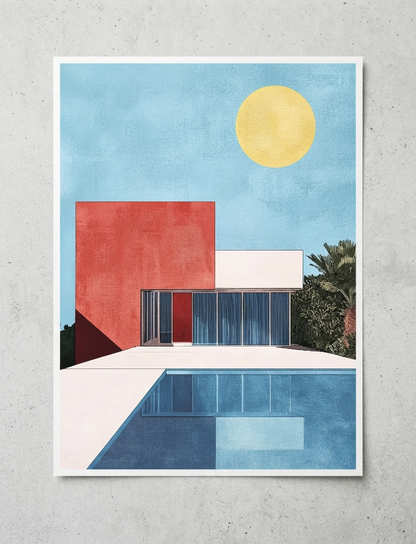 A Bauhaus style swimming pool architectural print for Scandinavian interiors featuring a modern house, a swimming pool, a yellow sun, and palm trees, displayed on a textured gray wall.