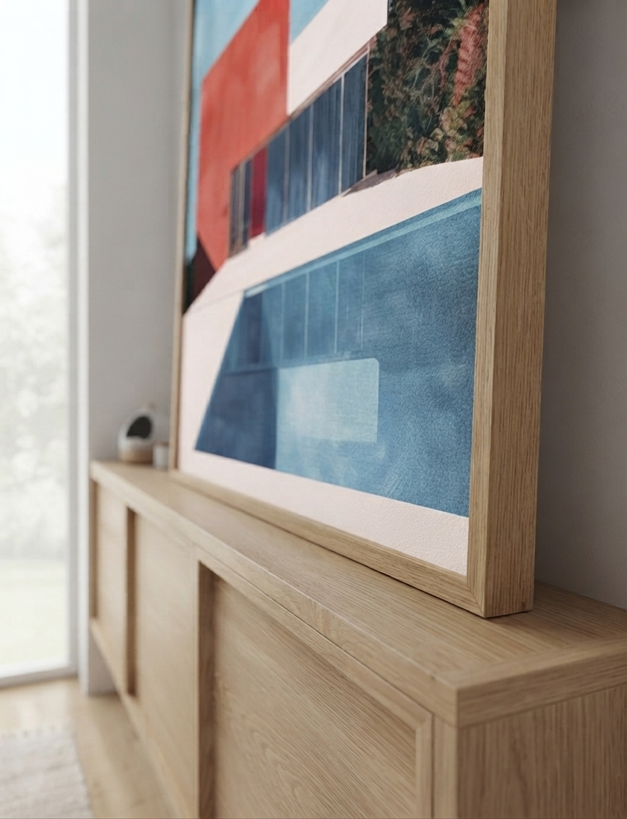 A large framed Bauhaus style swimming pool architectural print with red and blue geometric house with blue, red, and white geometric shapes leans against a light wood console table in a modern room.