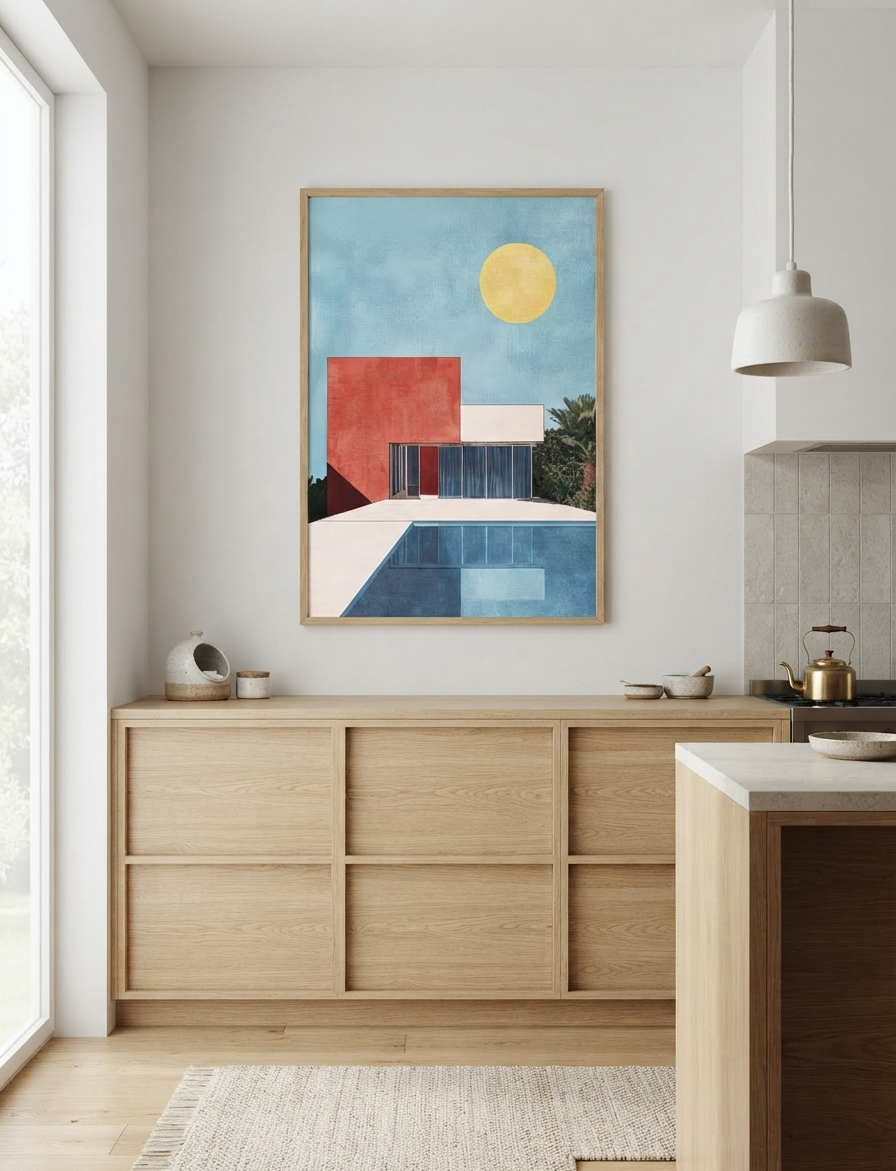 A framed Bauhaus style swimming pool architectural print inspired by California modernism hangs on a white wall above a light wood sideboard in a modern kitchen setting. The artwork features a blue sky, a yellow sun, a red geometric building shape, and blue geometric structures.
