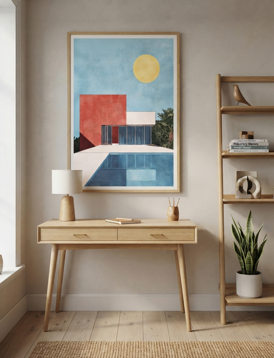 A framed Bauhaus style swimming pool architectural print for gallery wall décor hangs above a light wood console table in a styled interior room. The artwork features a blue sky, yellow sun, red and white architectural forms, and blue water.