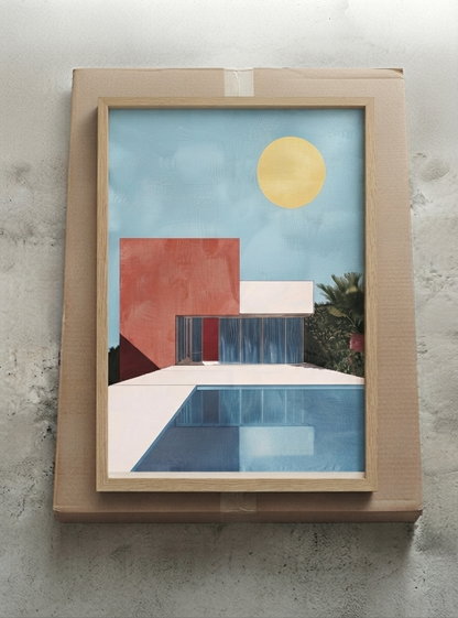 A framed Bauhaus style swimming pool architectural print with coral red geometric art depicting a modern house, pool, and sun, mounted on a cardboard shipping box against a textured gray wall.