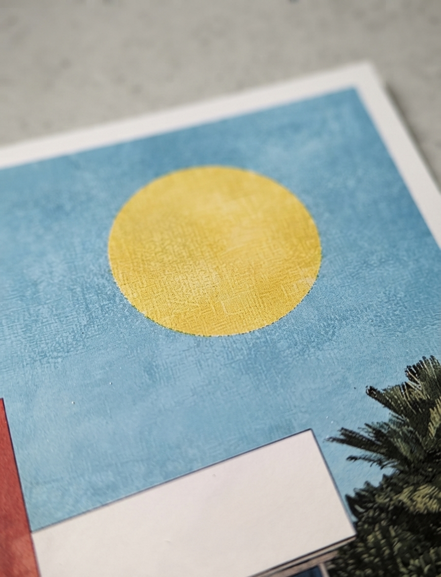 A close-up of a square Bauhaus style swimming pool architectural print with modernist pool house featuring a textured light blue background with a large textured yellow circle, photographed on a neutral gray surface.