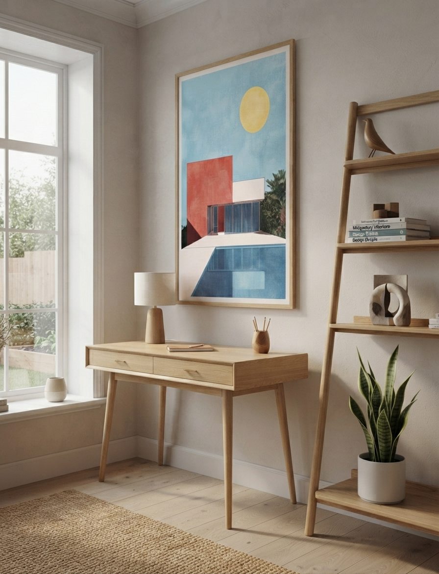 A framed Bauhaus style swimming pool architectural print with luxury modern villa hangs above a light wood writing desk in a bright, modern home office. The artwork features a blue background with red, white, and yellow geometric shapes.