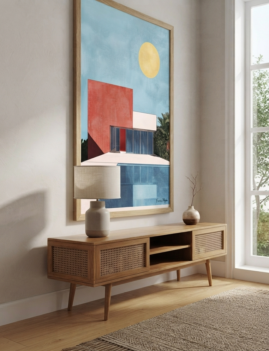 A large framed Bauhaus style swimming pool architectural print with colourful modern architecture hangs above a mid-century modern wooden console table in a bright, modern room with a window, lamp, and rug.