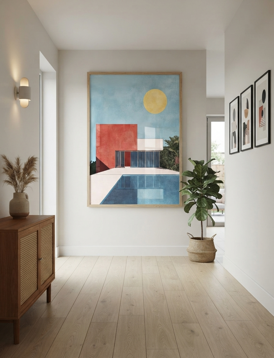 A large framed Bauhaus style swimming pool architectural print inspired by Bauhaus movement  hangs on a white wall in a bright modern hallway with light wood flooring, a wooden cabinet, and a potted plant.