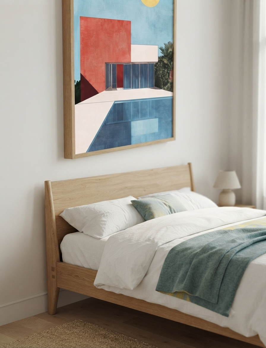 A light oak wood bed frame with white bedding and a teal throw blanket, styled in a bright bedroom with a Bauhaus style swimming pool architectural print with abstract geometric villa
