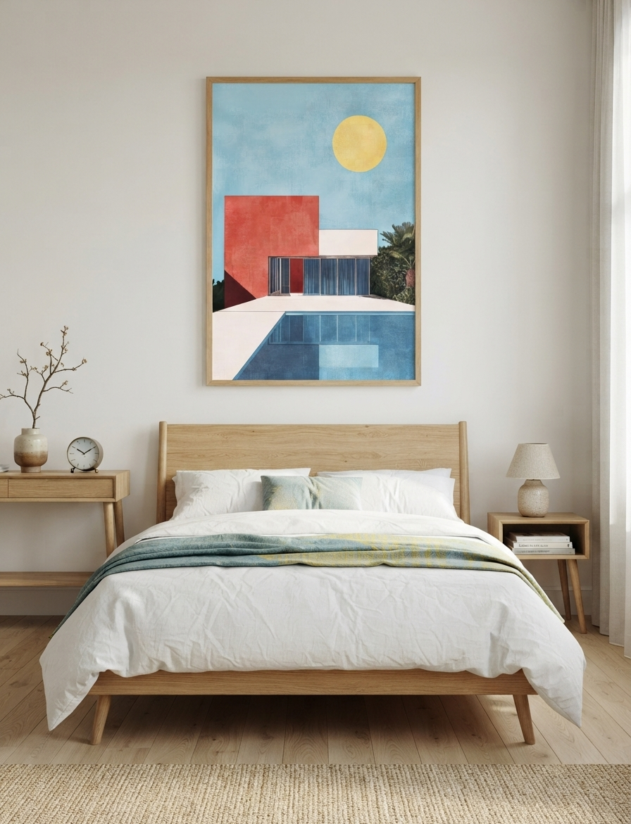 A framed Bauhaus style swimming pool architectural print with Palm Springs house hangs above a light wood bed in a bright, modern bedroom. The artwork features a blue sky, a yellow sun, a red geometric building, and a blue pool, all enclosed in a thin natural wood frame.