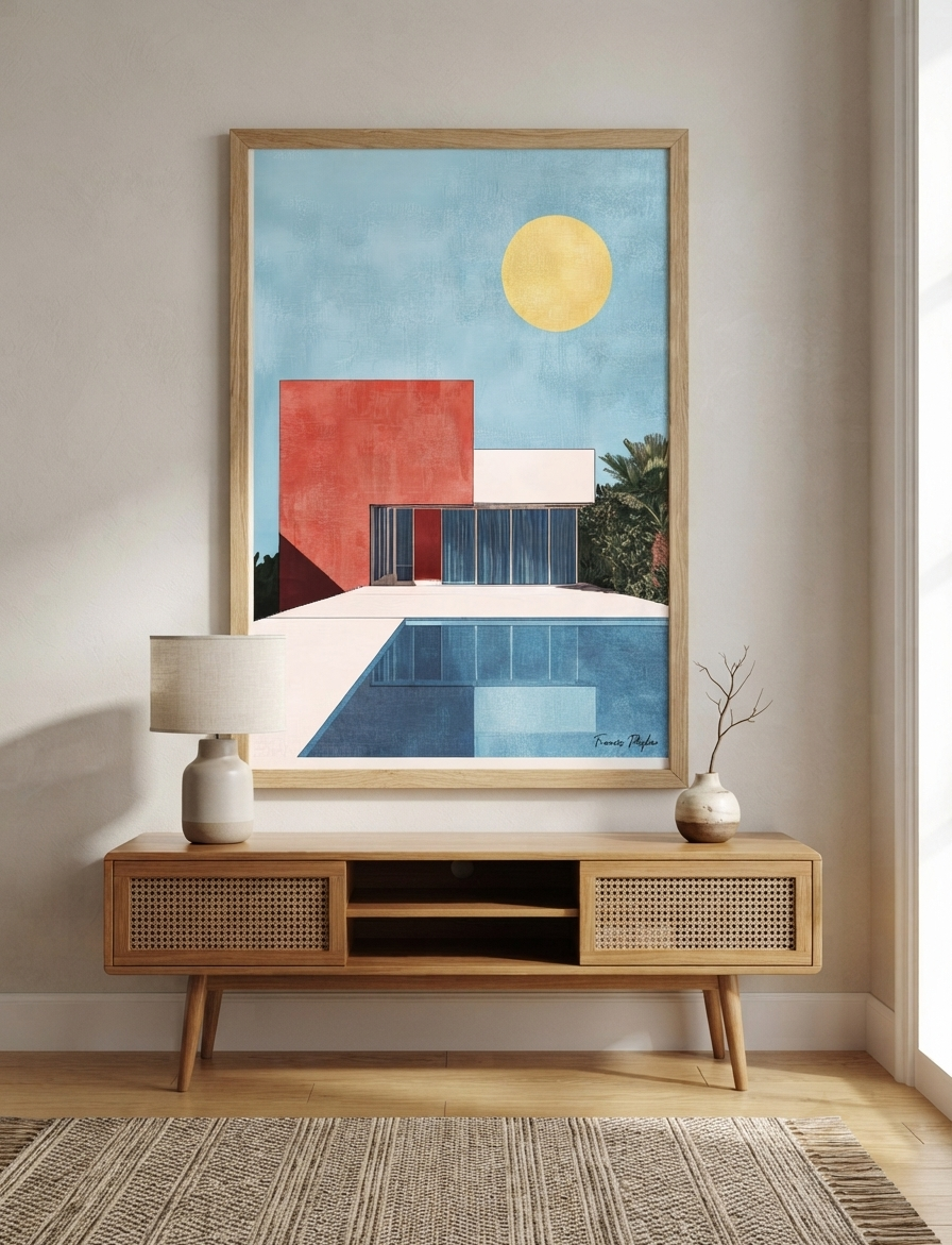 A framed Bauhaus style swimming pool architectural print for contemporary interiors featuring a yellow sun, blue sky, red and white building shapes, and a blue pool, displayed on a light beige wall above a wooden console table in a modern living room setting.