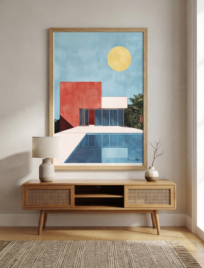 A framed Bauhaus style swimming pool architectural print for contemporary interiors featuring a yellow sun, blue sky, red and white building shapes, and a blue pool, displayed on a light beige wall above a wooden console table in a modern living room setting.