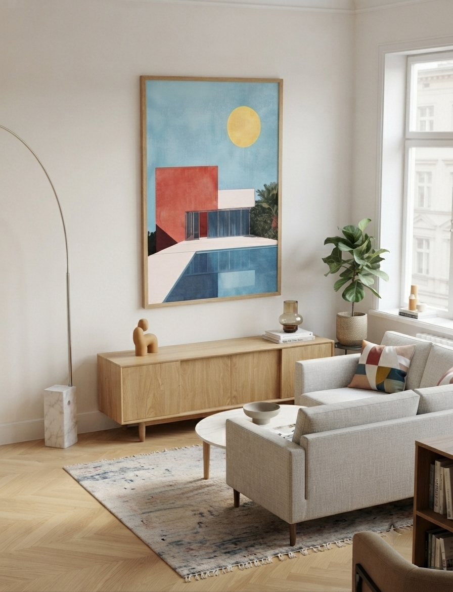 A large framed Bauhaus style swimming pool architectural print featuring geometric architecture hangs above a light wood sideboard in a bright, modern living room with a sofa, rug, and potted plant.