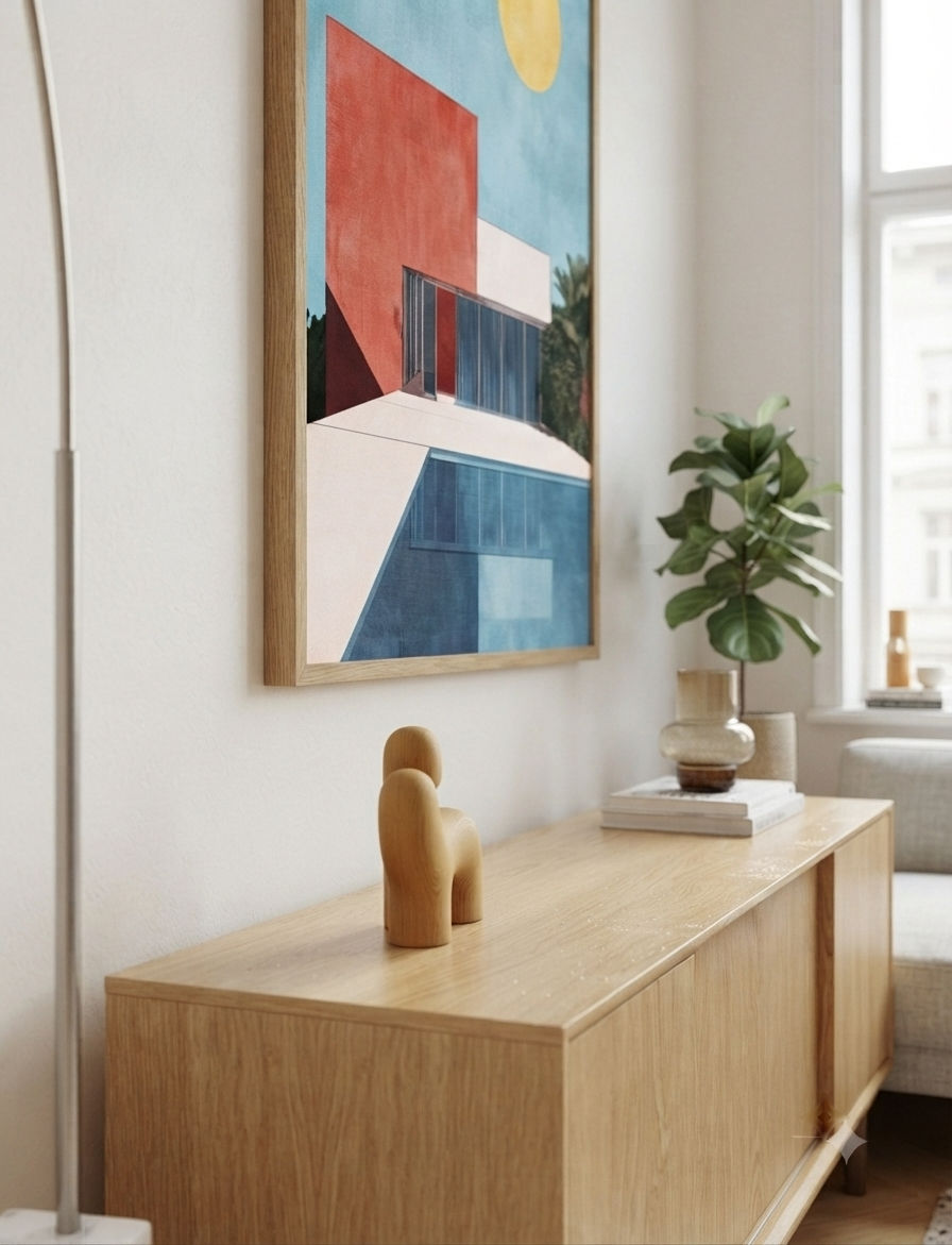 A framed Bauhaus style swimming pool architectural print hangs above a light wood console table in a bright, modern room. The artwork features bold blocks of red, blue, cream, and yellow.