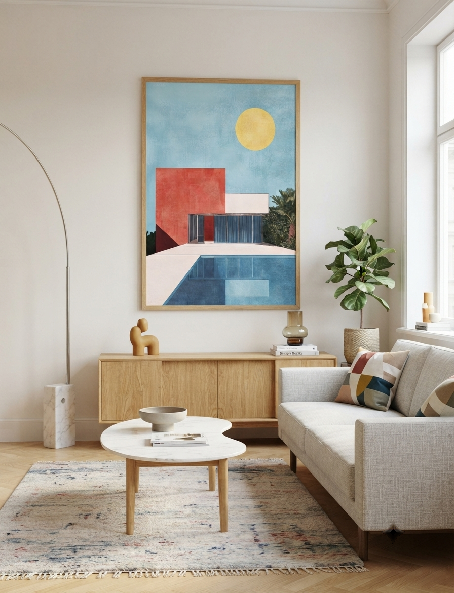 A framed Bauhaus style swimming pool architectural print inspired by David Hockney hangs above a light wood console in a bright, modern living room. The artwork features a light blue background with a yellow sun, a red geometric shape, and blue architectural forms.