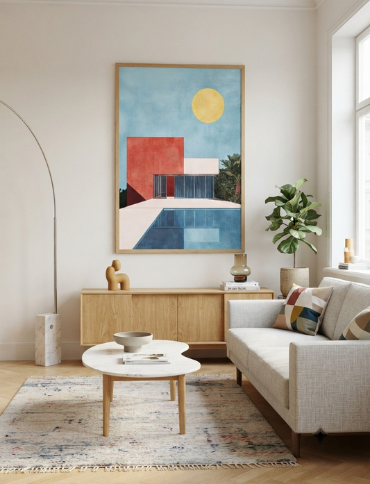A framed Bauhaus style swimming pool architectural print inspired by David Hockney hangs above a light wood console in a bright, modern living room. The artwork features a light blue background with a yellow sun, a red geometric shape, and blue architectural forms.