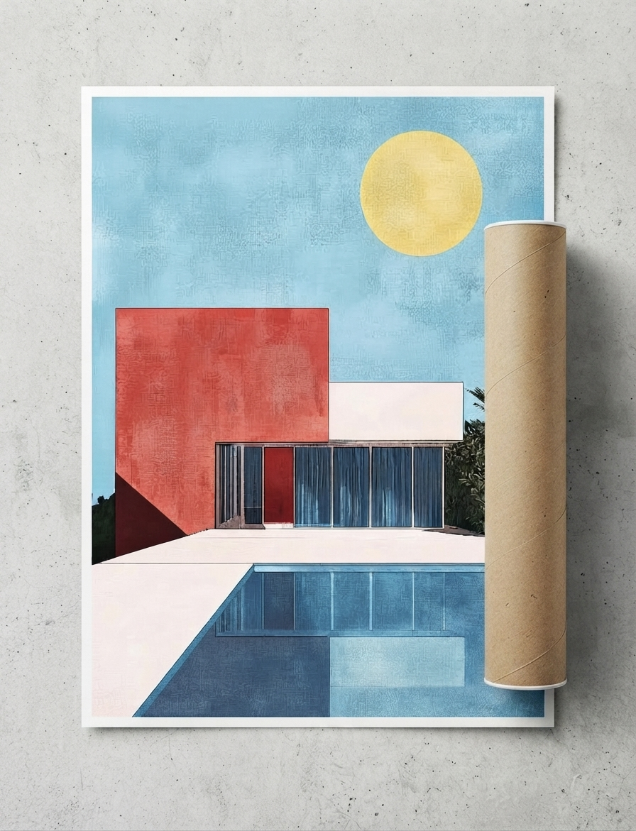 A minimalist Bauhaus style swimming pool architectural print featuring teal blue architecture featuring a modern house, a swimming pool, and a yellow sun on a light blue sky, displayed next to a brown cardboard mailing tube on a gray concrete surface.