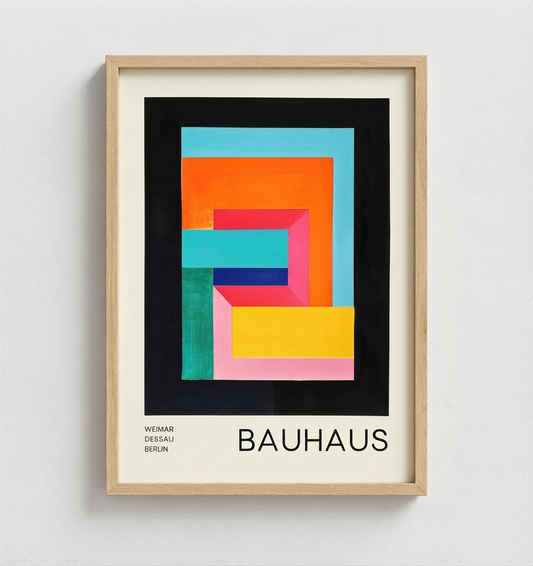 A framed Bauhaus art print featuring a colorful geometric abstract design on a black background, mounted on a cream mat with a light wood frame, shown hanging on a white wall.