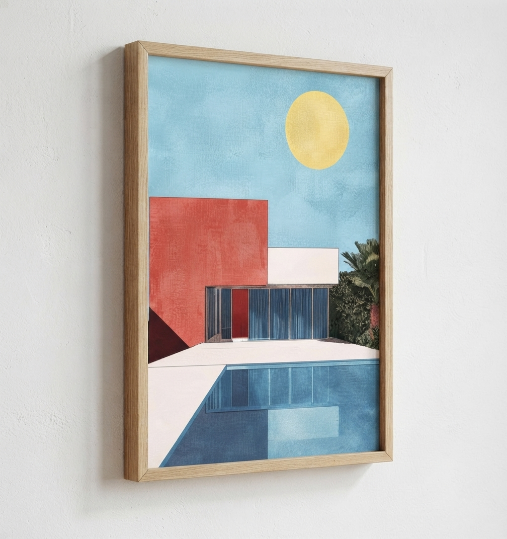 Framed Bauhaus style swimming pool architectural print with swimming pool wall art hanging on a white wall, featuring a light blue sky, yellow sun, red and white building blocks, blue pool area, and dark green palm leaves.
