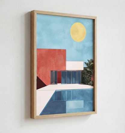 Framed Bauhaus style swimming pool architectural print with swimming pool wall art hanging on a white wall, featuring a light blue sky, yellow sun, red and white building blocks, blue pool area, and dark green palm leaves.