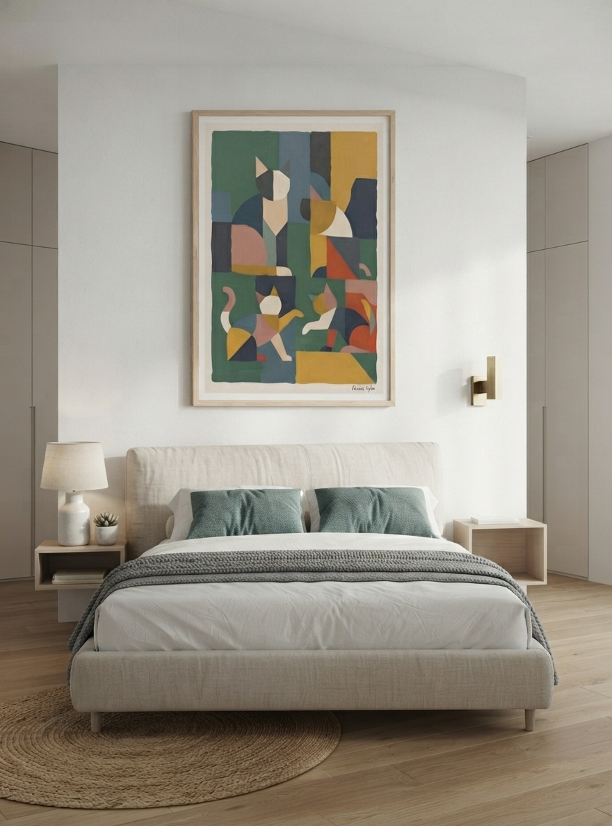 Mid-Century Modern Geometric Cat Acrylic Poster

Mustard yellow and green cat acrylic poster with geometric abstract design, luxury acrylic wall art for contemporary bedrooms from PrintHaus.