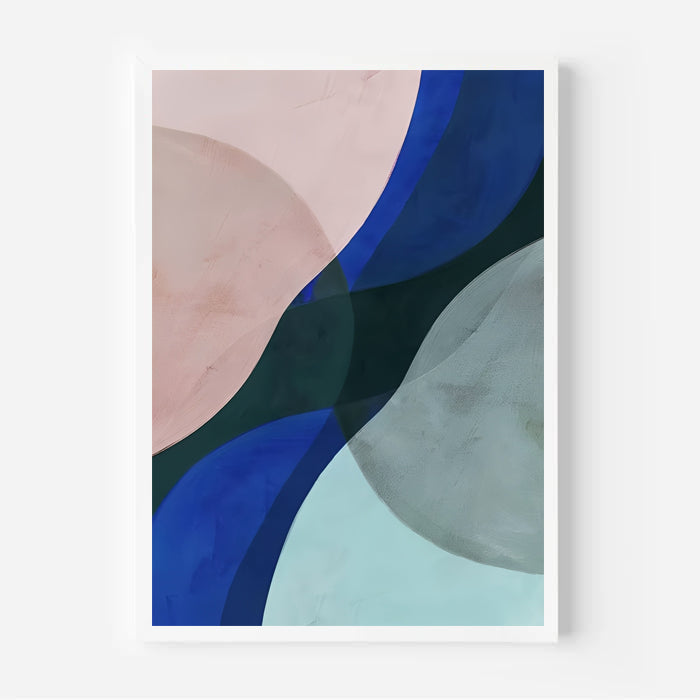 Abstract art print with blue, green, and pink shapes on a white background