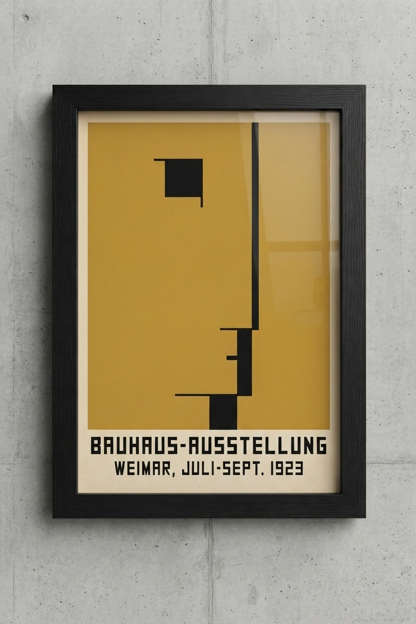 A framed Minimalist Geometric Bauhaus Exhibition Art Print – Abstract Bauhaus 1923 Wall Art by PrintHaus featuring a minimalist black geometric design on a mustard yellow background, with the text 'BAUHAUS-AUSSTELLUNG WEIMAR, JULI-SEPT. 1923' at the bottom.