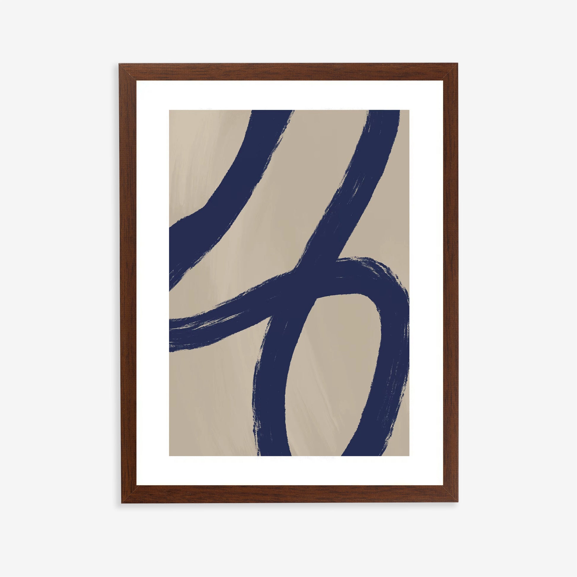 Framed abstract art print with blue brush strokes on beige background
