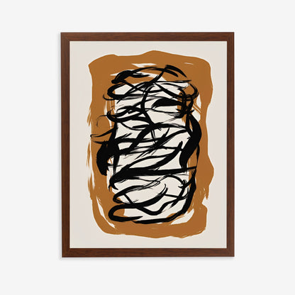 Framed abstract art with black and white design on a brown and beige background