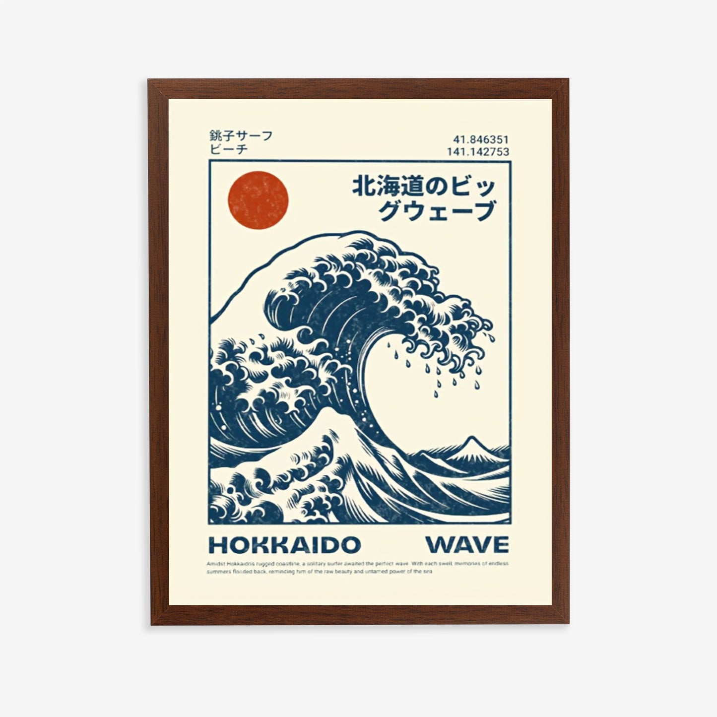 Poster of a Hokusai Wave Poster Print with text and a red circle on a beige background