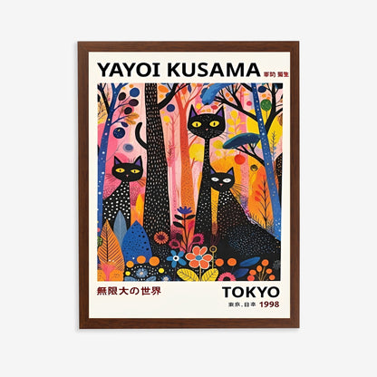 Framed artwork by Yayoi Kusama cat poster 1996  in a colorful forest with 'TOKYO' text.
