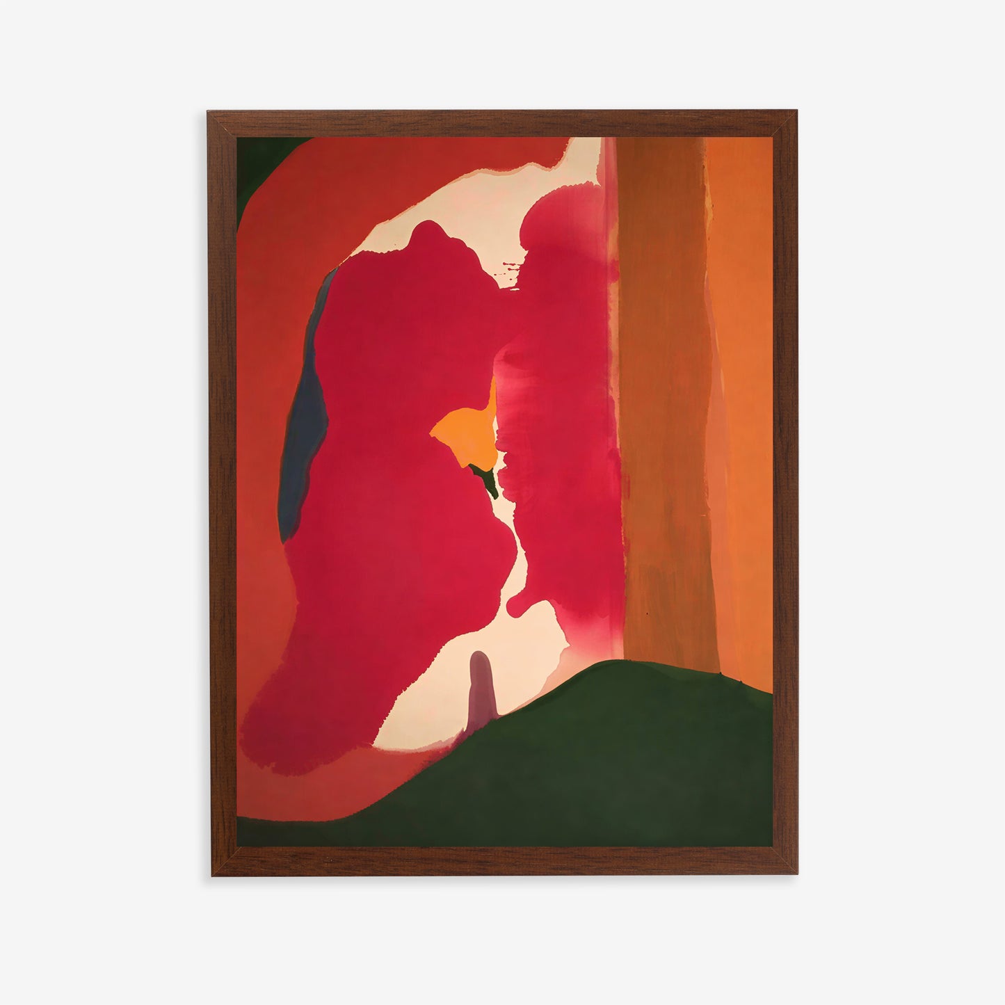 Abstract art print with red, green, and orange colors in a wooden frame on a white background