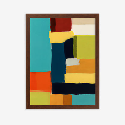Framed abstract art with colorful blocks on a white background