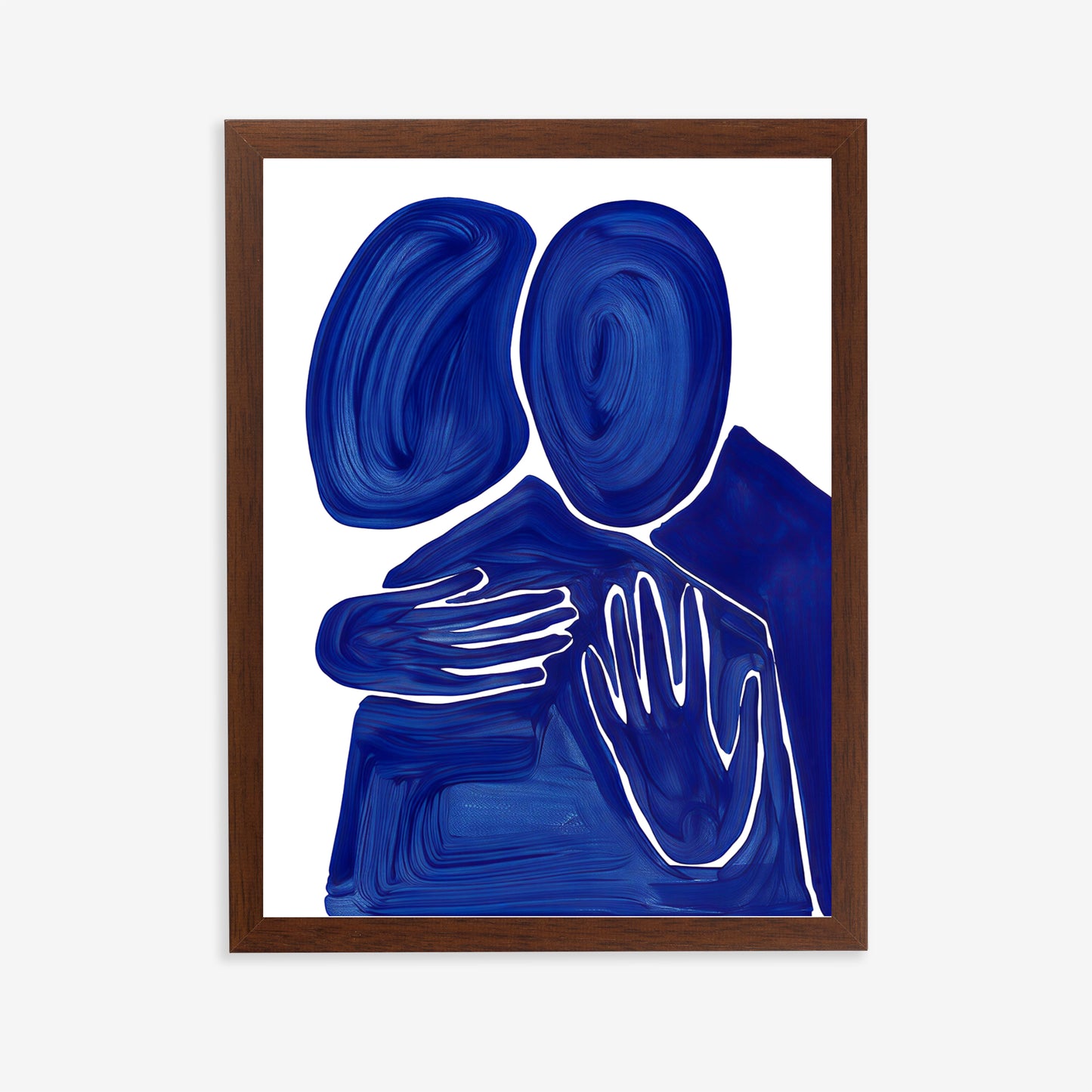 Framed artwork of abstract blue figures with white outlines on a white background