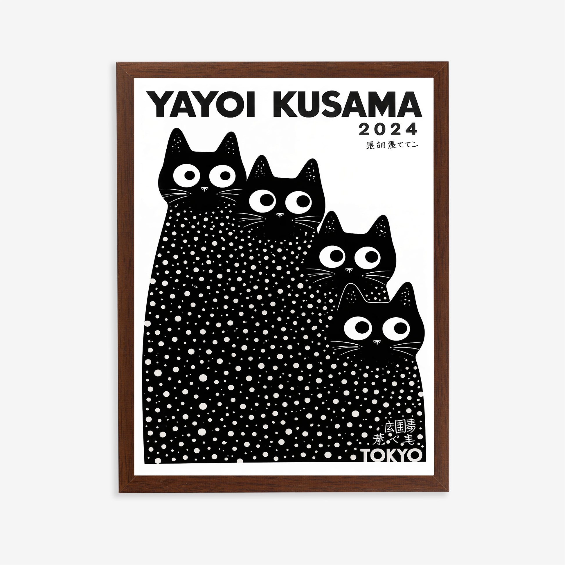 Yayoi Kusama 2024 calendar with black cat illustration on a white background