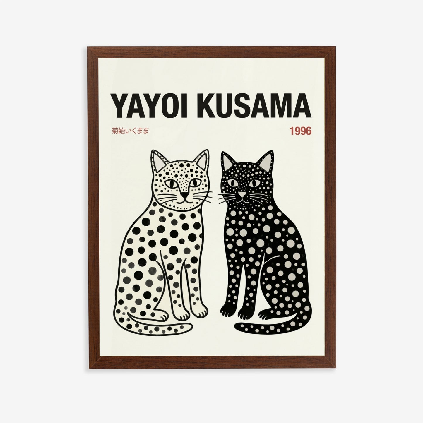 dark wood framed Whimsical modern cat decor print Yayoi Kusama inspired artwork PrintHaus wall art poster