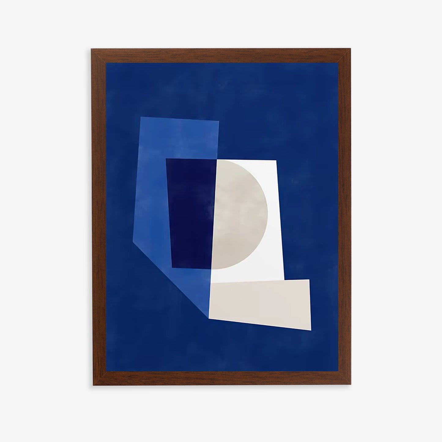 Framed abstract art with geometric shapes on a blue background