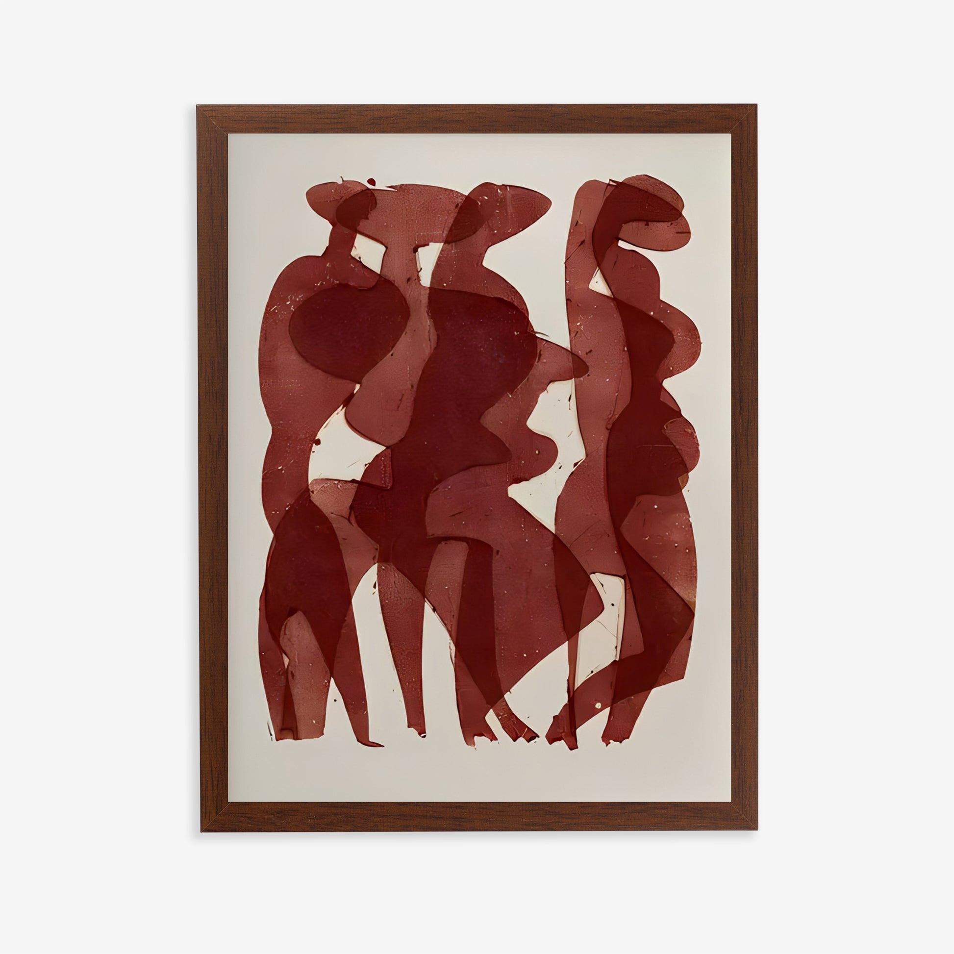 Framed abstract art with red figures on a beige background