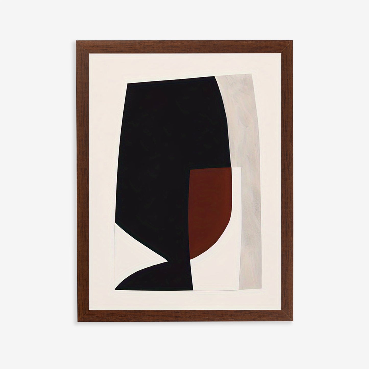 Framed abstract art with black and brown shapes on a white background