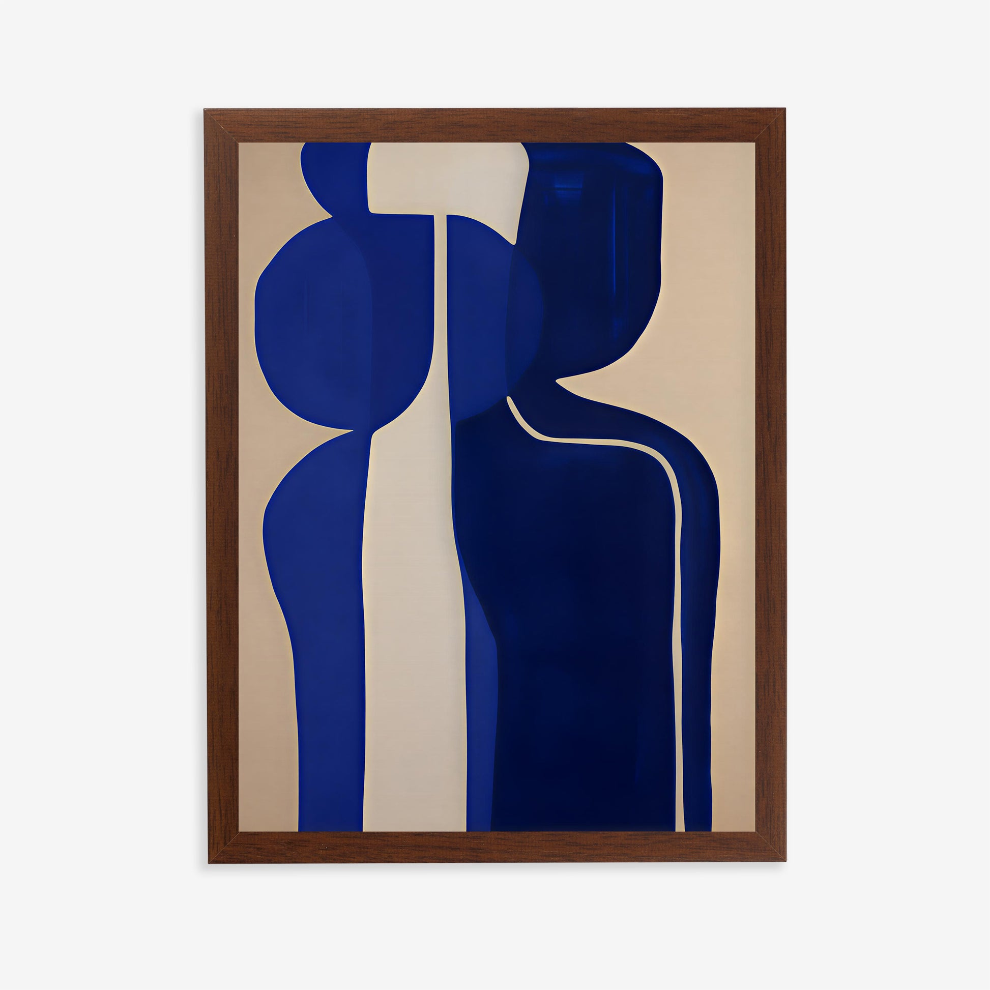 Abstract art print with blue and white shapes on a beige background, framed in brown.