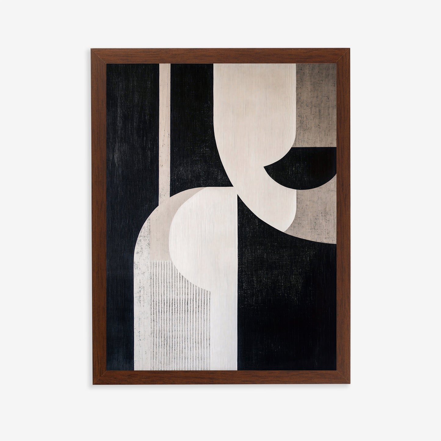 Abstract art print with geometric shapes in a wooden frame on a white background