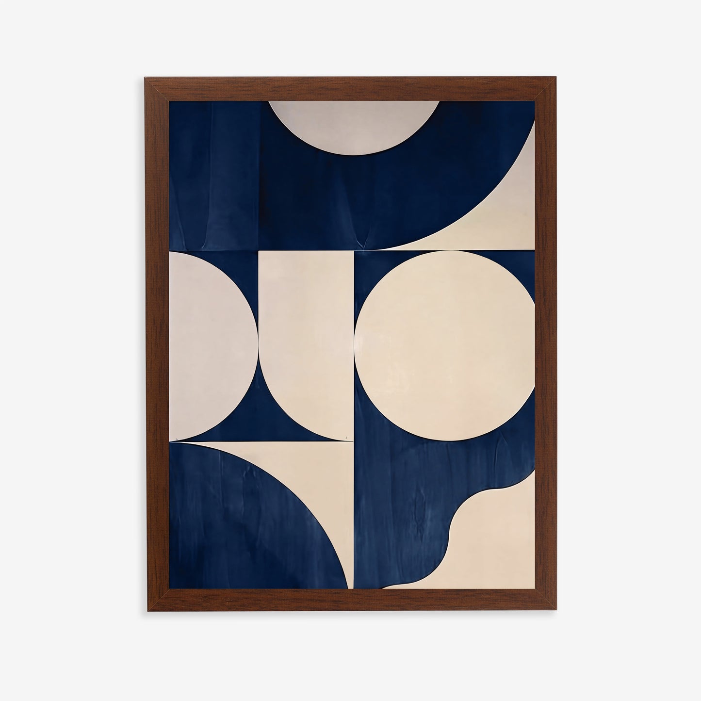 Framed abstract art print with geometric shapes on a blue and beige background