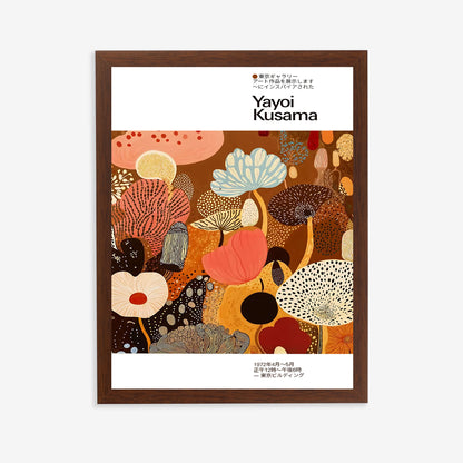 Framed artwork with colorful abstract design and 'Yayoi Kusama' branding on a white background